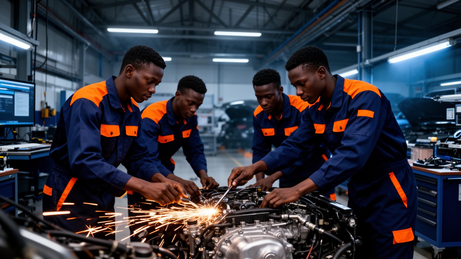 Students working hands-on in an automotive training workshop